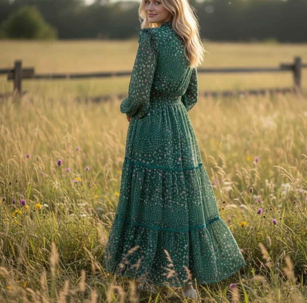 Three Floor Green Chiffon Peasant Maxi Dress SIZE 0 Ruffle Party Designer $435